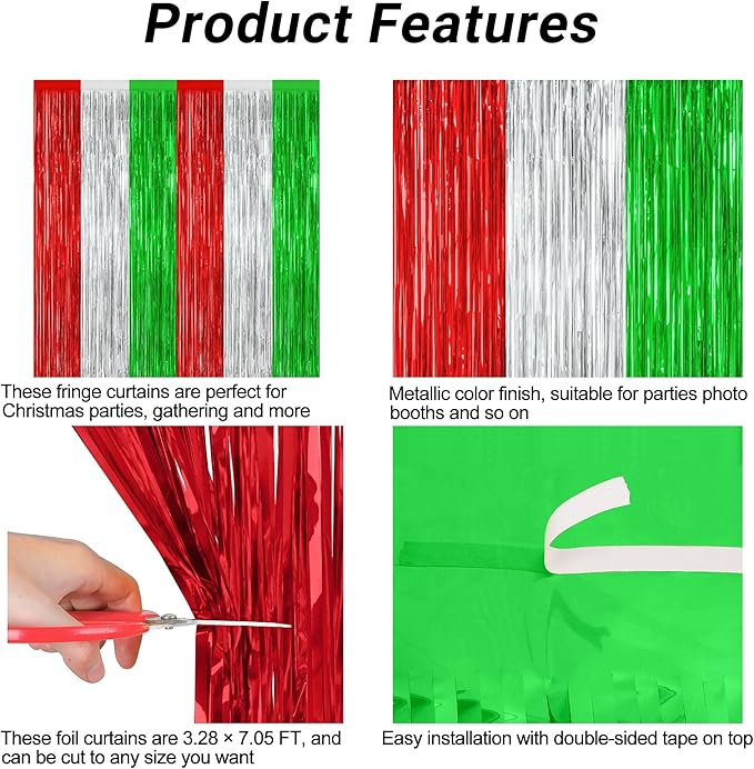 12 Pack Christmas Party Backdrop, 3.28 FT x 7.05 FT Red Silver Green Foil Streamer, Metallic Fringe Curtains Tinsel Streamer, Hanging Christmas Decorations Picture Props Door Decor