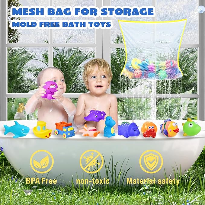 FUN LITTLE TOYS 24 Pcs Bath Toys for Toddlers, Sea Animals & Cars Squirter Water Toys,Bathtub Toys with Storage Bag, Baby Bath Toys, Toddler Pool Toys for Kids Party Favors Age1-3