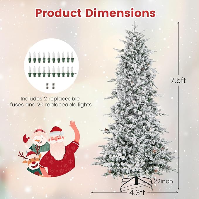 Goplus 7.5ft Pre-Lit Snow Flocked Christmas Tree, Artificial Hinged Xmas Tree with 350 Warm-White Incandescent Lights, 1107 Branch Tips, Natural Pinecones, Metal Stand, for Holiday Office Home Decor