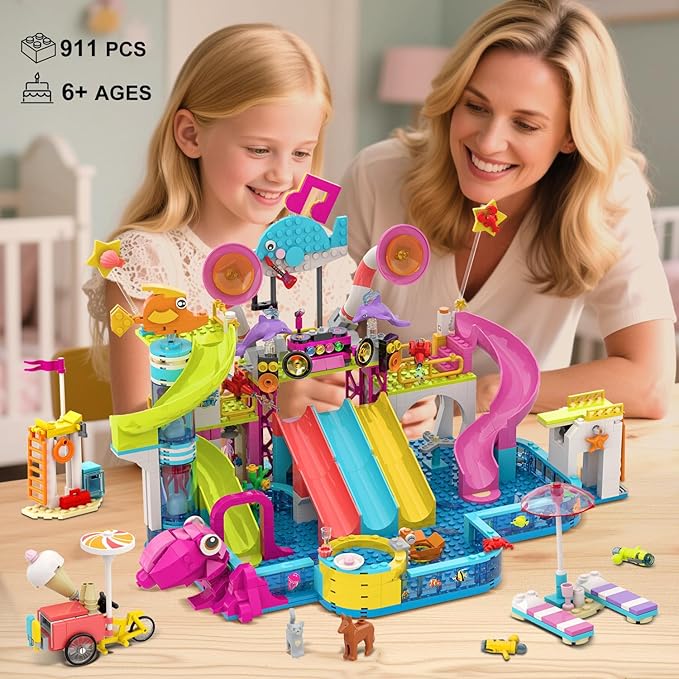 HOGOKIDS Friends Water Park Building Set, 911PCS Summer Fun Party Toy with 5 Water Slides, Creative Swimming Pool Block with Diving Platform & Bike Cart, Pretend Play Gift for Girls Boys Kid Age 8-12+