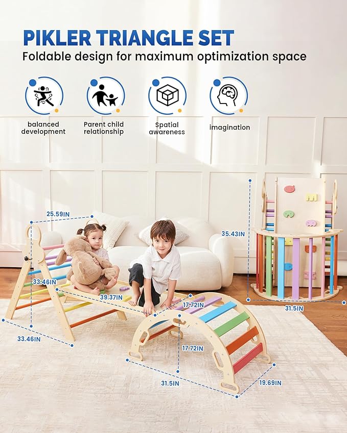 Pikler Triangle Set for Kids, 8 in 1 Colorful Montessori Large Climbing Toys for Toddlers 1-6 Inside with Ramp, Arch and Foldable Triangle, Wooden Child Indoor Playground