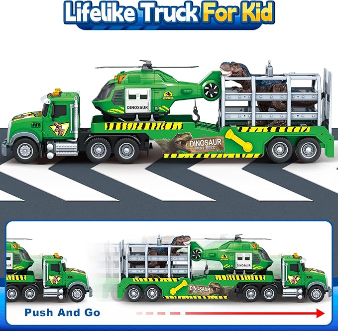 SpringFlower Carrier Dino Truck Kids Toys, 24“ Semi Truck Toy with Helicopter & Dino Toy with Lights, Sounds, Vehicle Toy for Toddlers 3 4 5 6 7, Birthday Gifts for Kids