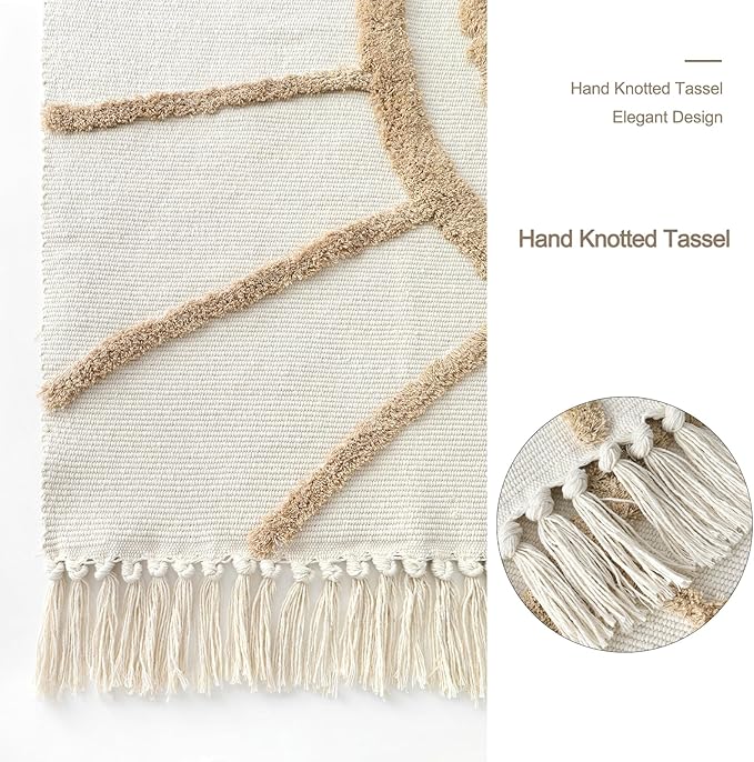 Ojia Boho Bathroom Runner - 2'X4.3', Handwoven Washable Tan Kitchen Rug with Tassels, Bohemian Cotton Accent Throw for Entryway/Floor Carpet