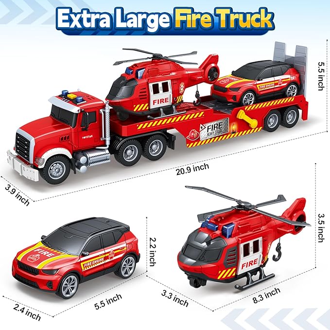 SpringFlower Extra Large Fire Truck Toys for Boys Girls with Racing Car and Helicopter, Lights, Sounds, Semi Truck Vehicle Toy for Toddlers 3 4 5 6 7, Christmas Birthday Gift