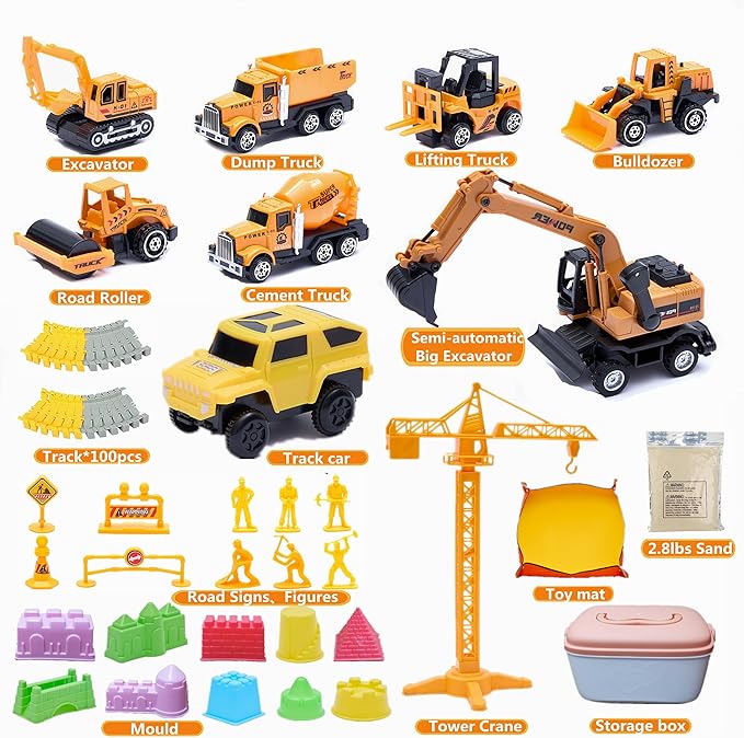 Sand Construction Kit, 2.8lbs Play Sand with Sandbox, 1 Toy Mat 8 Alloy Construction Trucks Race Tracks 10 Sand Molds Sensory Bin Toys for Toddlers Boys Girls Ages 3-8