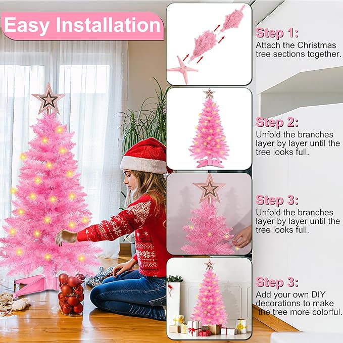 3 Ft Pink Christmas Tree with Lights, Timer 8 Modes 50 Warm White Lights Battery Operated Small Artifical Full Christmas Tree for Tabletop Home Office Indoor Outdoor Xmas Holiday Party Decorations
