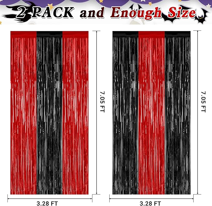 2 Pack Backdrop Curtains, 3.28 FT x 7.05 FT Black and Red Party Decor, Metallic Party Streamer Tinsel Foil Fringe Curtains, Foil Curtains Backdrop Halloween Decorations Party Supplies