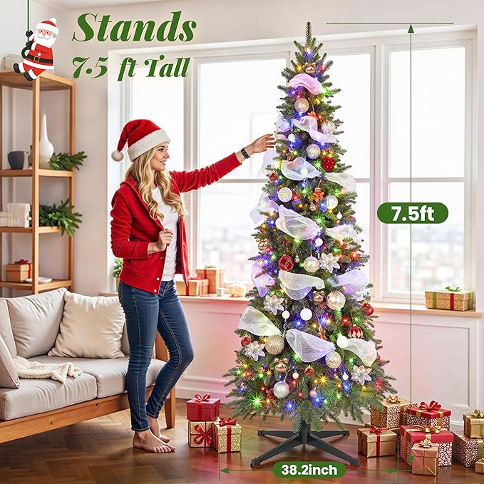 7.5ft Pre-lit Pencil Christmas Tree with Lights, 360° Rotating Stand Built-in Music, Remote Control, Slim Christmas Tree for Holiday Decor