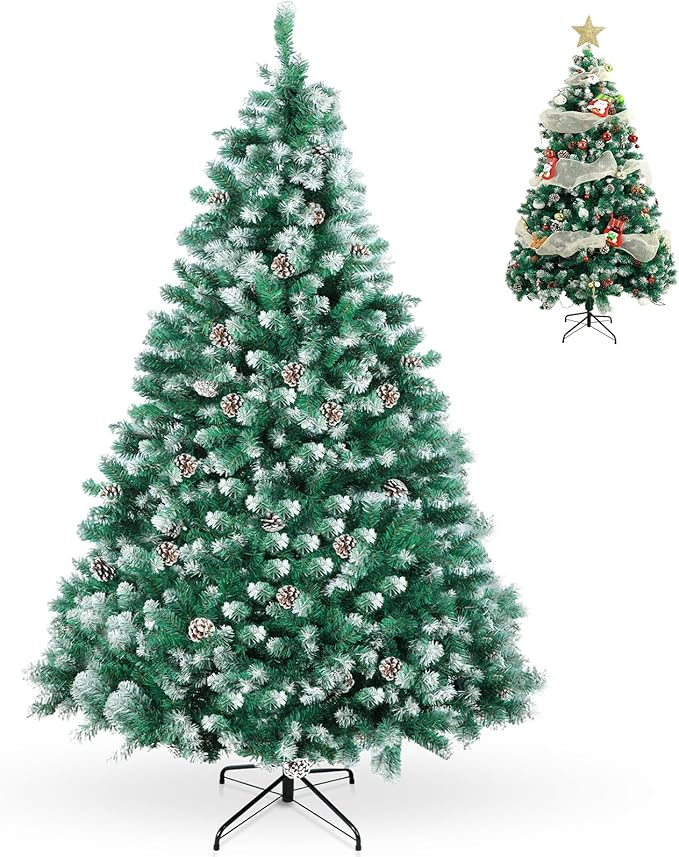 7Ft Christmas Tree,Green Artificial Hinged Holiday Christmas Pine Tree with Pinecones,Xmas Tree w/1400 Snow Flocked Branch Tips for Home,Office,Party Decoration