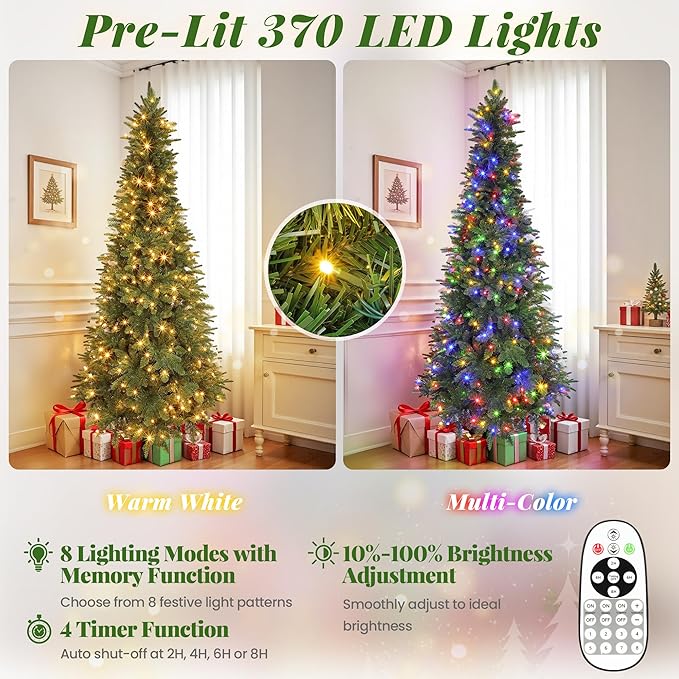 7.5ft Pre-lit Pencil Christmas Tree with Lights, 360° Rotating Stand Built-in Music, Remote Control, Slim Christmas Tree for Holiday Decor