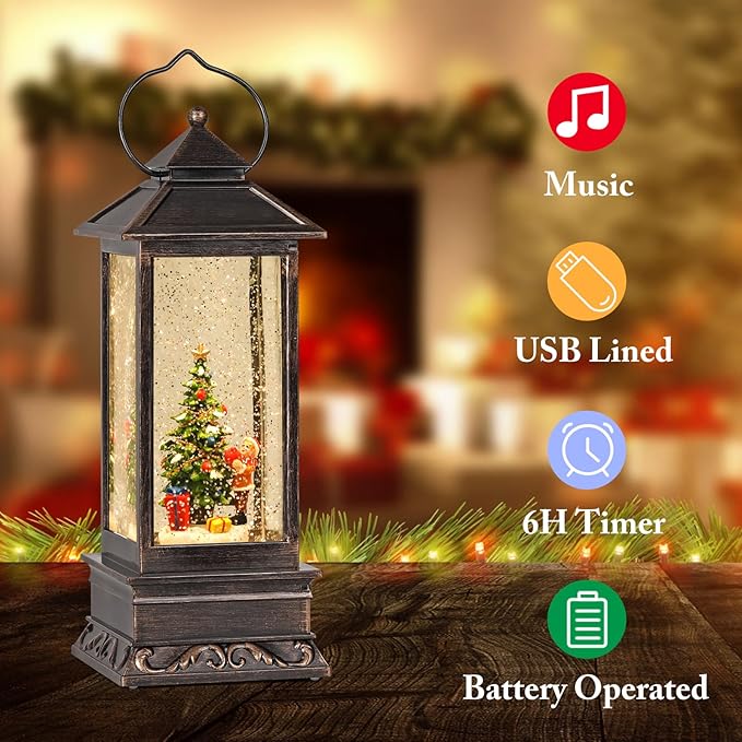 12 Inch Snow Globe Christmas, Glitter Lighted Lantern with Music, USB and Battery Operated Snow Globes Decorations Indoor for Home, Christmas Decor (Christmas Tree)