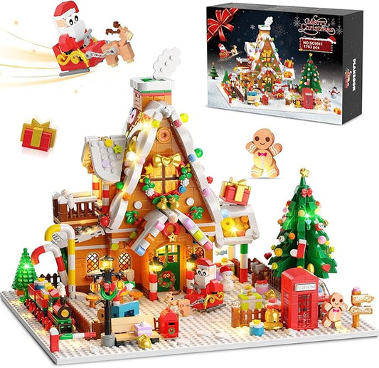 2025 Christmas Gingerbread House Courtyard Mini Building Set with Lights, Christmas Village Building Block Toy with Santa Xmas Tree Holiday Train Gift for Adults Boys Girls 14+ (1763PCS)