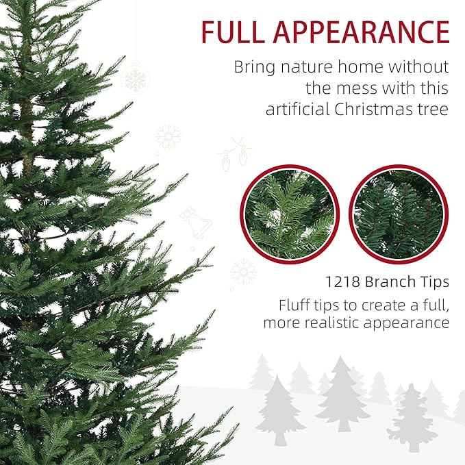 HOMCOM 7.5 Foot Artificial Christmas Tree, Nordic Pine Hinged Xmas Tree with 1218 Realistic Branches, Wide Steel Base, Auto Open, Green