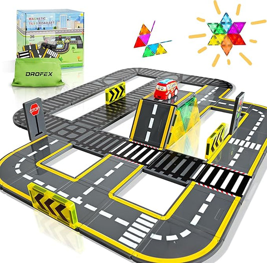 Upgraded Magnetic Tiles Road & Train Dual-Sided Expansion Pack, Magnetic Building Blocks Construction Toys for 3+Year Old Boys & Girls, Montessori Toys for Toddler, STEM Learning Gifts