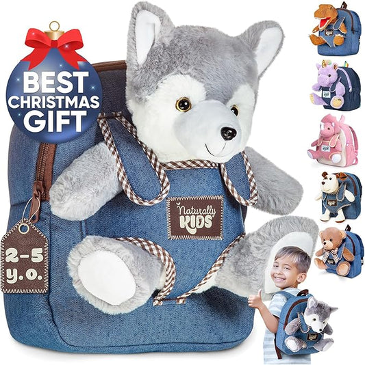Wolf Backpack, Wolf Toys for Kids 3-5, Toddler Husky Stuffed Animal Gifts for 2 3 4 5 Year Old Girl Boy