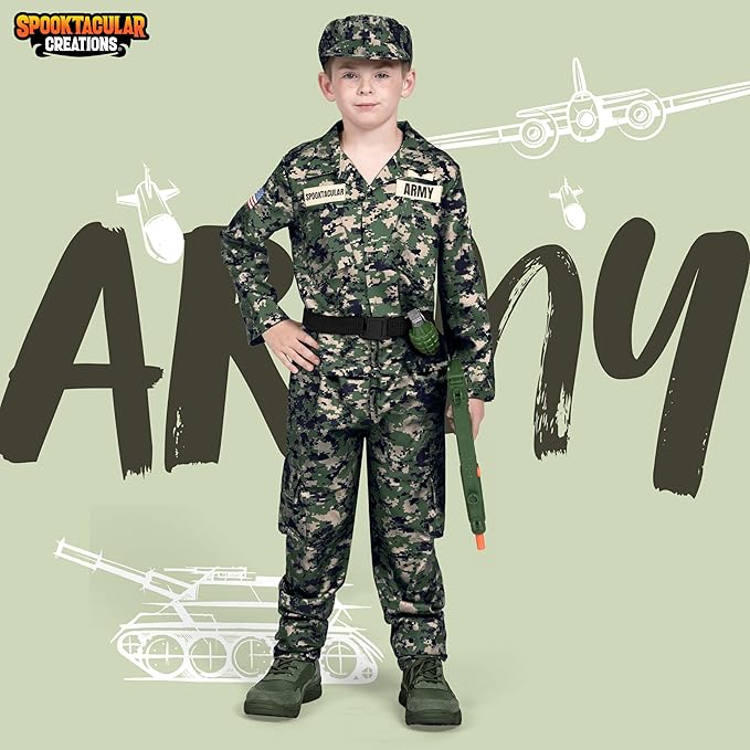 Spooktacular Creations Halloween Boys Army Costume, Military Costume for Kids, Camo Soldier Outfit for Toddler DressUp Party
