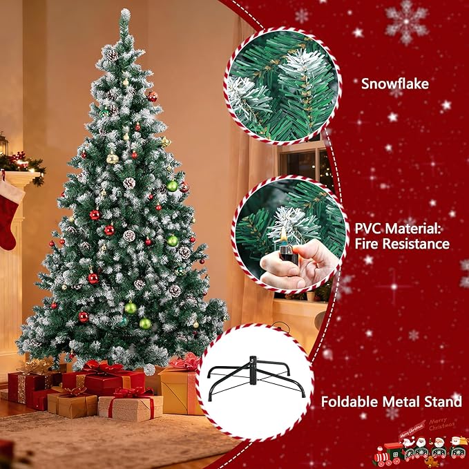7ft Green Artificial Christmas Tree, Premium Unlit Holiday Xmas Tree for Home Office Party Decoration with 1000 PVC Hinged Partially Frosted Branch Tips, 40 Real Pinecones, Foldable Stand