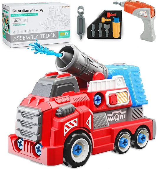 11inches Large Take Apart Fire Toy Trucks for Boys Girls Kids 3-5 6-8 Year Old Fire Rescue Vehicles with Electric Drill Set Assembly Toy