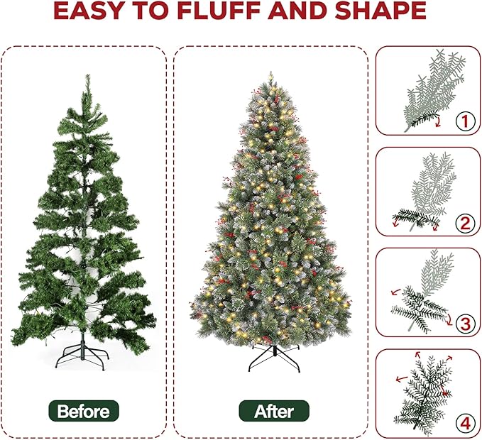 Hykolity 7.5ft Pre-lit Artificial Frosted Christmas Tree, Christmas Pine Tree with Red Berries, 350 Warm White Lights, 1372 PVC Branch Tips, Metal Stand and Hinged Branches