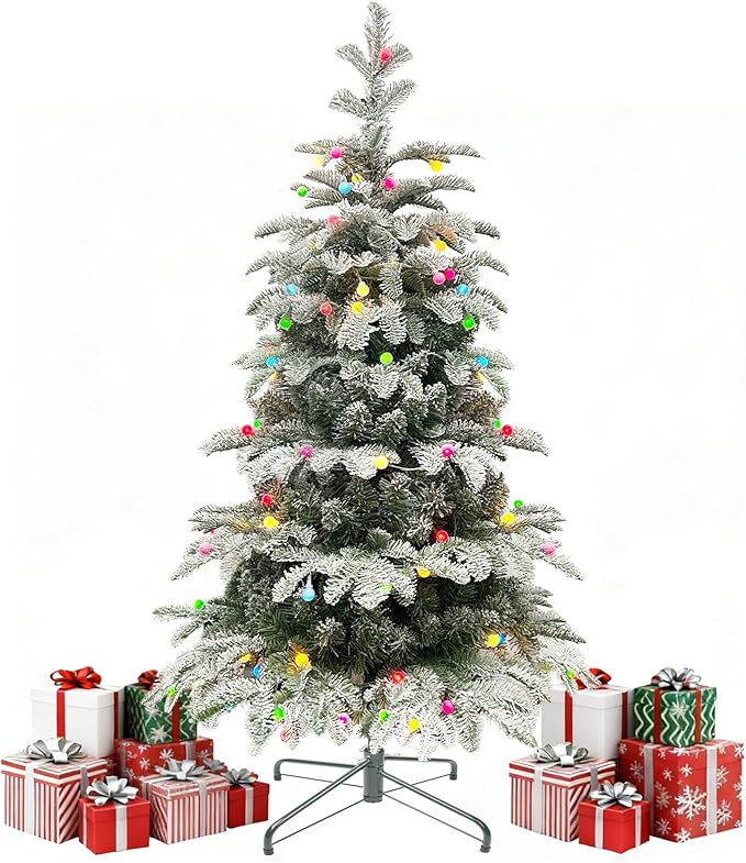 4Ft Pre-Lit Artificial Snow Flocked Christmas Tree, PE & PVC Mixed Layered Christmas Tree Hinged Tree with Lights and Metal Stand, Slim Xmas Tree for Holiday Decor