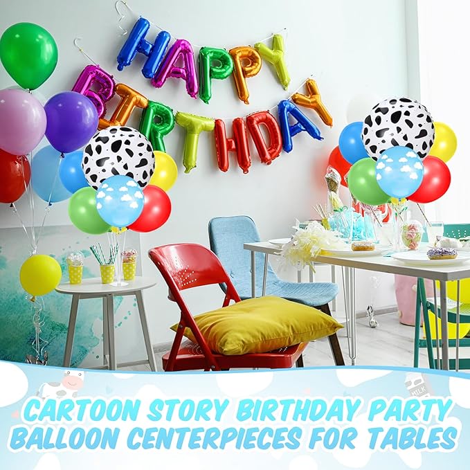 2 Sets Cartoon Birthday Party Decorations Table Centerpiece Red Yellow Blue Balloon Stand Kit with Cloud Cow Print Foil and Latex Balloon for Baby Shower Farm Animals Wedding Supplies