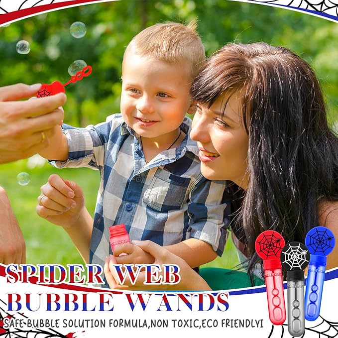 24 Pcs Spider Web Bubble Wands Mini Bubble Party Favor Toys for Kids Toddlers Christmas Party Birthday Goodie Bag Stuffer Filler Classroom Reward Gifts(Dark Blue, Red, Black)