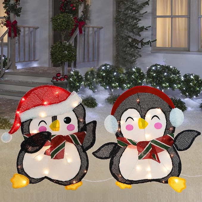 Hausse Set of 2 Lighted Christmas Penguins Decorations, Pre-Lit 2D Tinsel Cute Penguin with Incandescent Lights, Light Up & Plug in for Indoor Outdoor Xmas Winter Holiday Yard Lawn Garden Decor