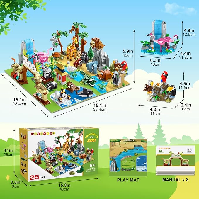 HOGOKIDS 25 Animals Zoo Building Set with Play Mat - 8 Pack Zoo Scene modules Building Blocks Toy for Party Favors Goodie Bag Classroom Prizes Fillers Birthday Gifts for Kids Boys Girls 6+ (1460PCS)
