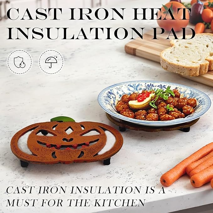 2-Pack Cast Iron Jabbering Jack Trivets for Hot Dishes - Heat Resistant Trivet for Hot Pots & Pans, Festive Pumpkin Trivets & Pumpkin Kitchen Decor (Christmas Themed)