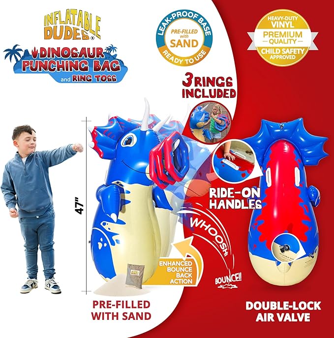 INFLATABLE DUDES Dinosaur -Kids Punching Bag | Already Filled with Sand| Bop Bag | Premium Inflatable Toy | Punching Bag for Kids | Enhanced Bounce-Back Action! | Indoor Outdoor - Party Games