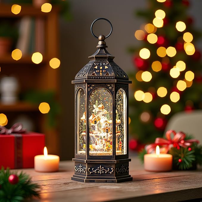 12.8'' Christmas Village Snow Globe Lantern, Santa Sleigh with Reindeer Will Rotate Around The Snowy Mountain Village with Musics Swirling Glitter Water Lantern for Home Decoration and Gift