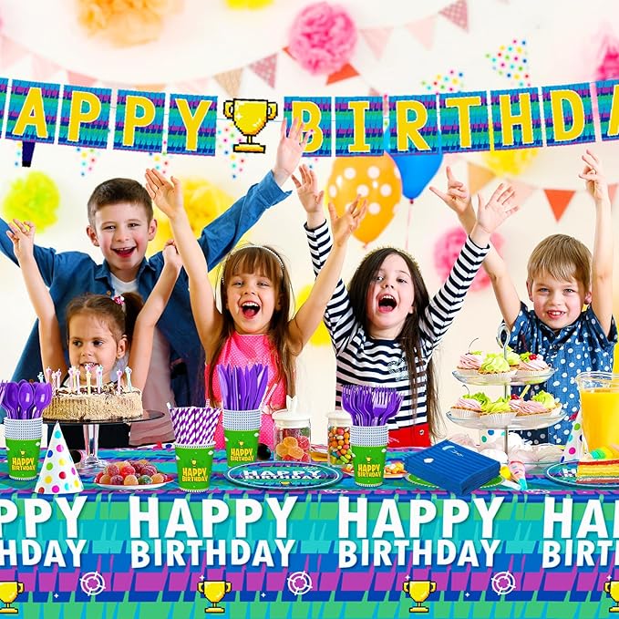 194pcs Video Game Birthday Party Decorations Party Plates Napkins Disposable Paper Cups Straws Banner Tablecloth Video Game Party Supplies Tableware Set for Kids Boys Birthday Decor 24 Guests