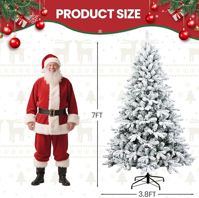 Beyond 7FT Snow Flocked Artificial Full Christmas Tree, Hinged Spruce Christmas Tree with 1300 Branch Tips, Xmas Tree with Metal Stand for Home, Party Decoration, White