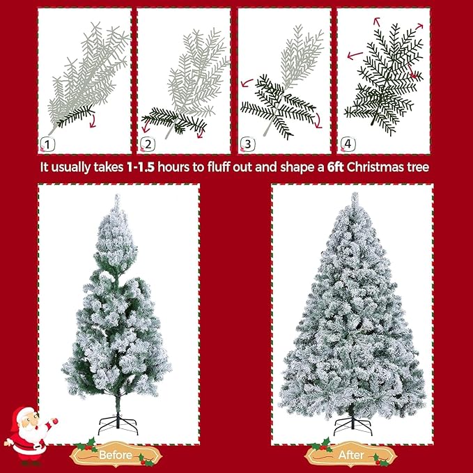 7.5FT Prelit Fluffy Snow Flocked Fraser Fir Artificial Christmas Tree with Warm White Lights, Hinged Branches, 1100 Tips, Artificial Christmas Tree Include Metal Stand for Holiday Home Decor