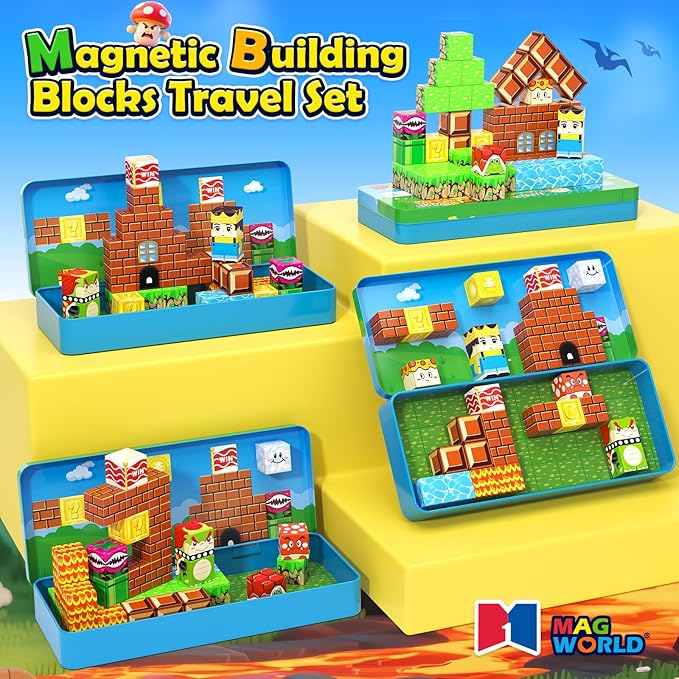Soyee Magnetic Blocks Travel Toys with Portable Metal Tin - STEM Magnet Building Blocks Toddler Kids Toys for 3 4 5 6 7 8 Year Old Boys & Girls Xmas Birthday Gifts Stocking Stuffers Party Favor
