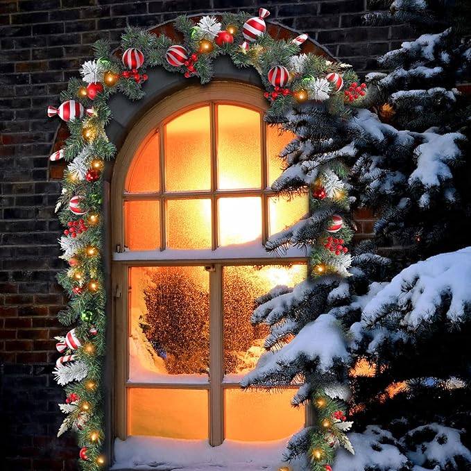 Christmas Garland Lighted Indoor Outdoor Decorations Artificial Christmas Garlands with Light Mantel Candy Cane for Door Porch Holiday Party Outdoor Indoor Xmas Decor 6FT