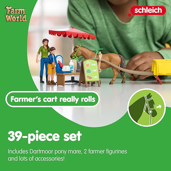 Schleich Farm World — Sunny Day Mobile Farm Stand Playset, Farm Play Set with Farmer Dolls, Horse and Mobile Produce Stand, Farm Animal Toys for Kids Ages 3+