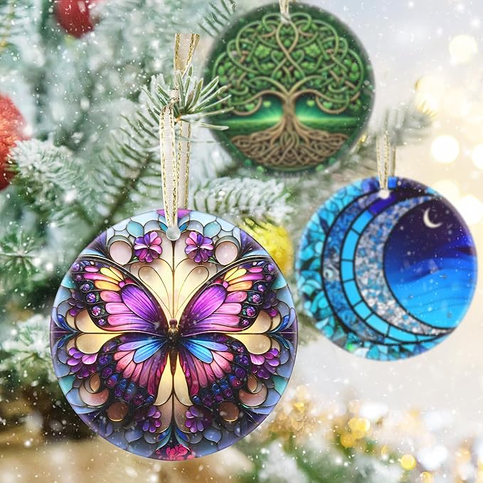 3.5 Inch Ceramic Christmas Tree Ornament, Butterfly Christmas Ornaments, Heirloom Keepsake, Gift Exchange, Gift Idea, Bauble Present
