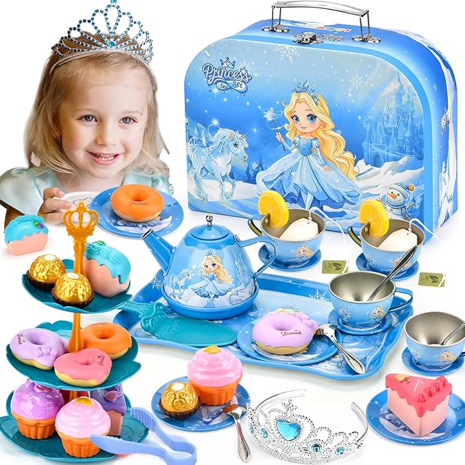 43-Piece Princess Tea Set Playset for Kids – Pretend Play Kitchen Toy with Teapot, Desserts & Carrying Case | Toddler Tea Party Toys, Imaginative Role Play, Birthday Gift for Girls Ages 3-8