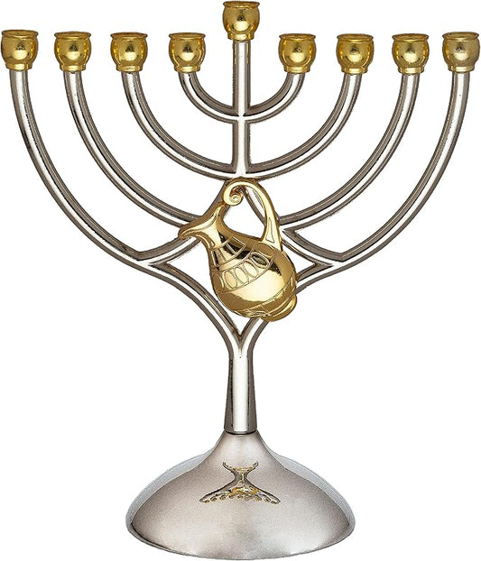 9 Branch Metal Menorah with Oil JUG: Modern, Elegant, Jewish Hanukkah Replica Candelabra Candle Holders Stand, 2-Toned Silver Gold Color Design