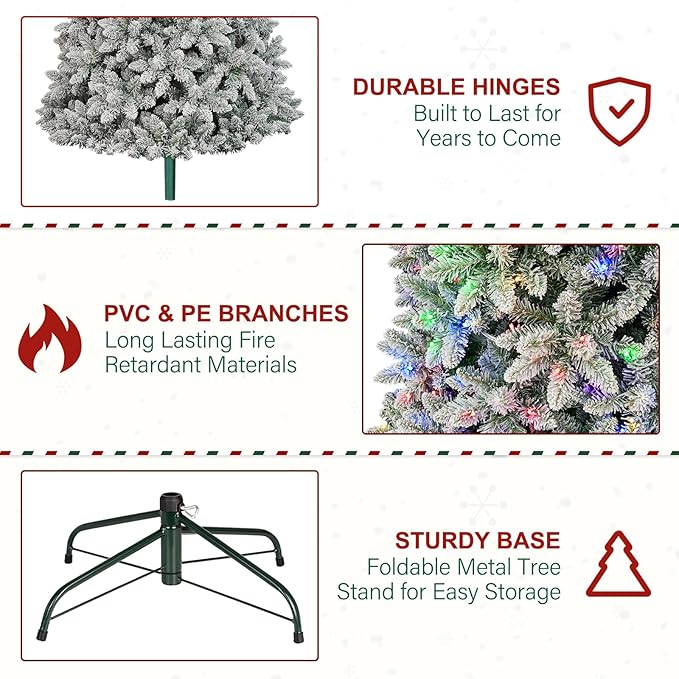 6 ft Lighted Snow Flocked Christmas Tree with Remote Control, 250 Multicolor RGB LED Lights, 1032 PVC Branch Tips, Artificial Hinged Christmas Tree with for Holiday, 15 Modes