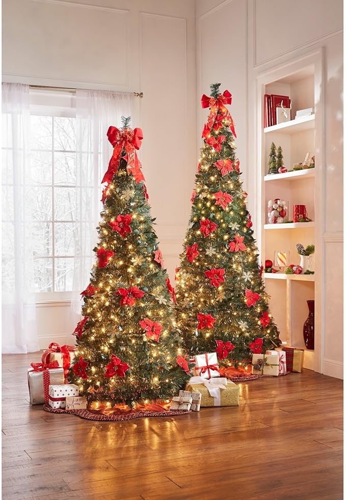 BrylaneHome 7.5 Ft Fully Decorated Pre-Lit Pop-Up Christmas Tree with 450 Warm Lights & Included Stand, Collapsible, Easy Assembly - Poinsettia