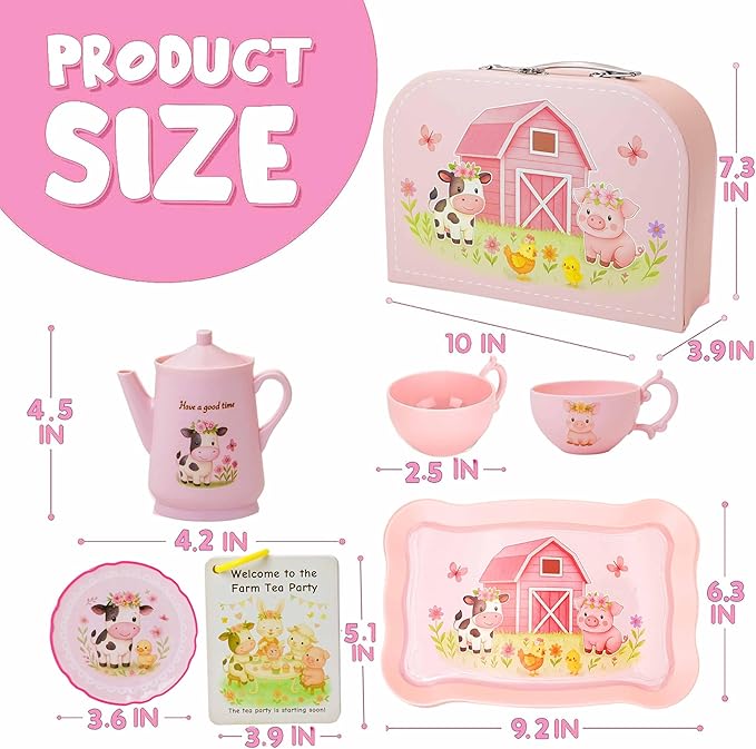 Toddler Farm Theme Tea Set for Girls 3-5, 47PCS Plastic Barn Animal Pretend Play Tea Party Set with Teapot, Cups, Tray, Desserts & Story Cards, Carrying Case Pink Gift Toy for Kids