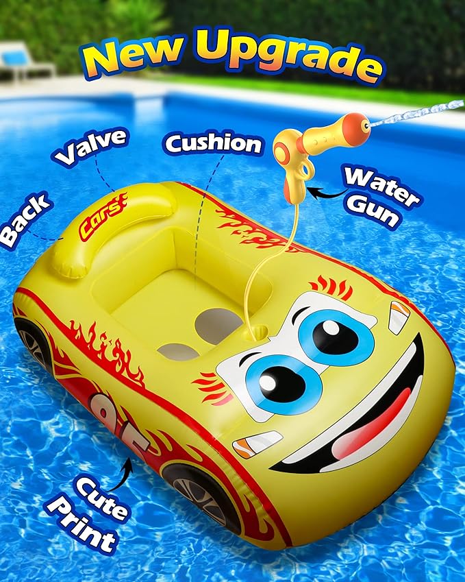 HopeRock Kids Pool Float with Water Gun,Inflatable Ride-on Swimming Pool Toy for Boys Aged 3-8 Years, Toddlers Pool Float Perfect for Summer Fun-Pool Float Kids, Ride-on Swimming Pool Toys（Yellow）
