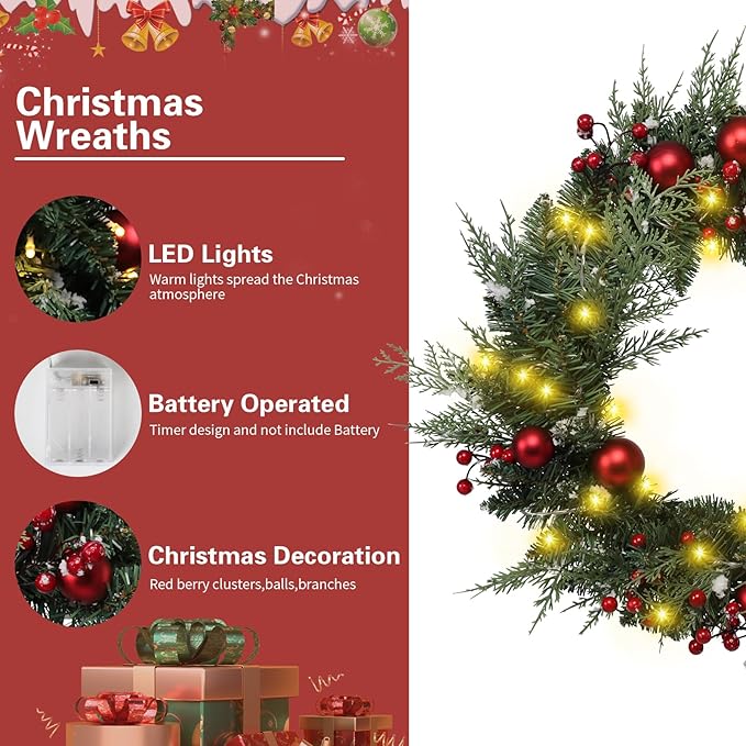 20" Large Christmas Wreath with LED Lights Winter Wreaths for Front Door or Wall Powered by 3AA Batteries for Indoor Outdoor Party Holiday Decorations
