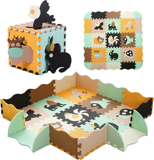 Foam Play Mat for Kids，25Pcs Square Interlocking Puzzle Floor Mat，Baby Play Mat Floor Mat Foam Puzzle Playmat for Toddlers with Fence（Animal-CSH005