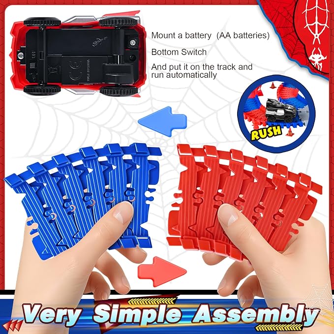 Spider Toys for Boys 4-6, with 2pcs Spider Cars and 1pcs Stand-Spider for Kids Toddler, 212 Pcs Race Track, 3 4 5 6 7 8 Year Old Boys Girls Birthday Party Favor Gift