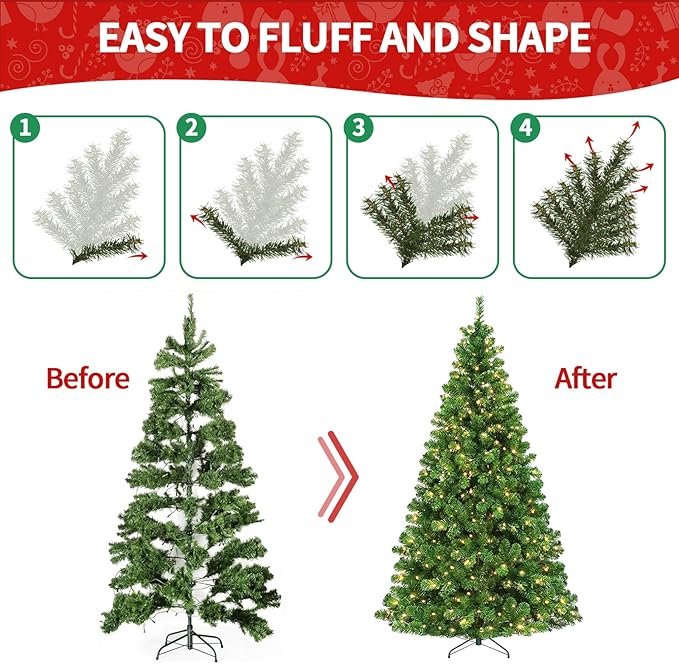 7.5ft Artificial Christmas Tree w/400 Warm Lights Lights &8 Different Light Holiday Xmas Tree, Premium Hinged Spruce Xmas Tree w/1405 Branch Tips and Foldable Metal Stand for Home, Office, Party
