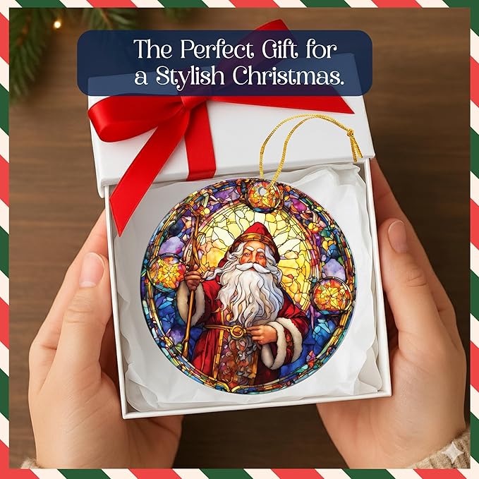 2025 Christmas Ornament – Vintage Cathedral Santa Stained Glass Acrylic Ornament, Navidad 2025 Tree Decoration, Religious Christmas Ornament for Classic Holiday Home Décor