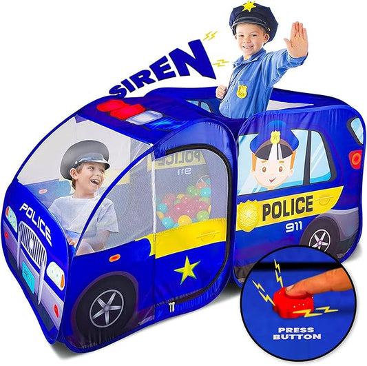 Police Car Pop Up Play Tent with Sound Button for Kids, Toddlers, Boys, Girls, Indoors & Outdoors – Playhouse for Interactive Fun - Foldable, Quick Setup Pretend Play Toys & Gift